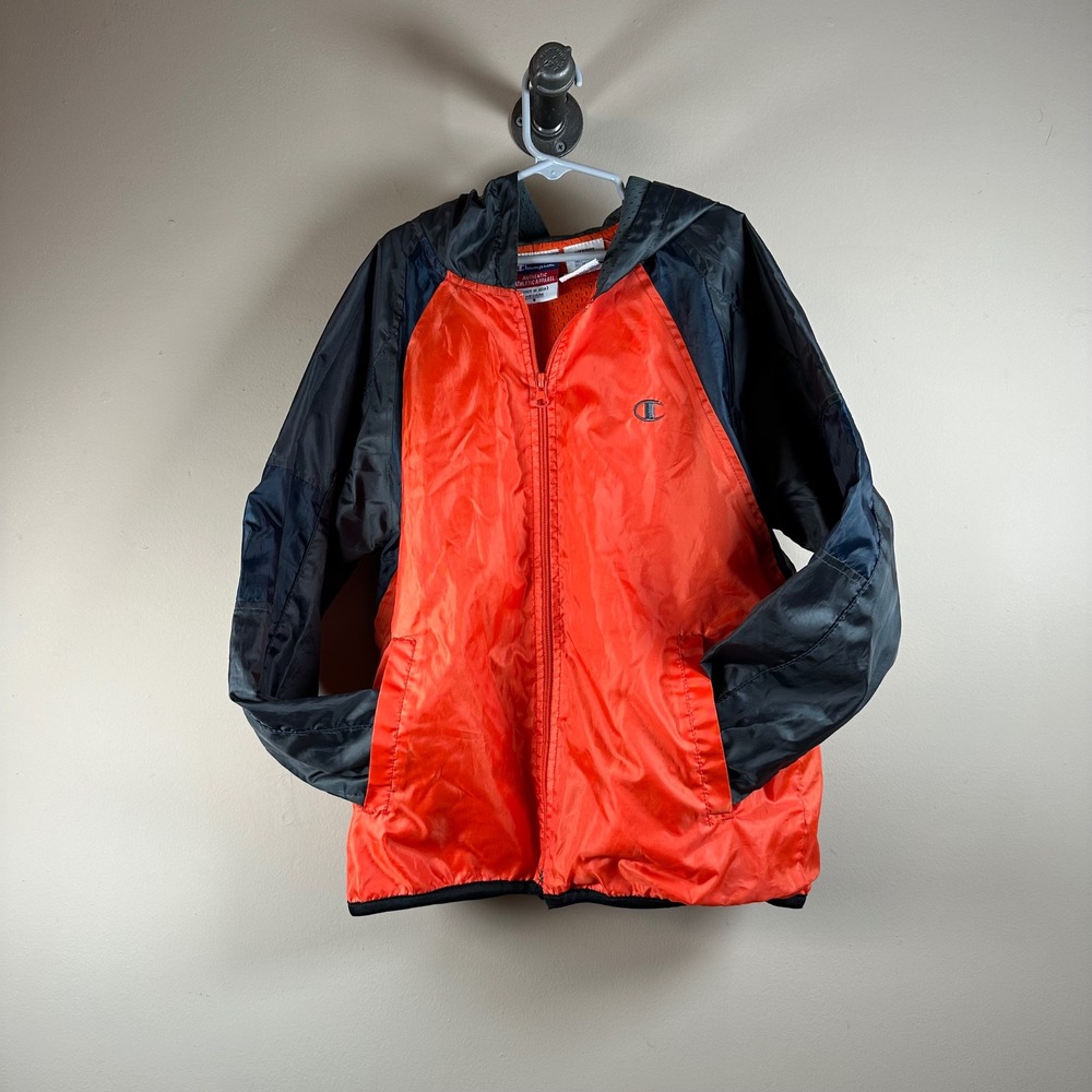 Champion Kids Full Zip Windbreaker Jacket Orange Gray Hooded‎ Size Medium